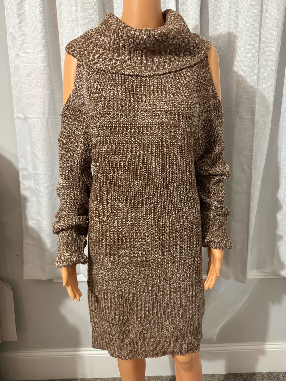 Cool Poof size L heathered brown cold shoulder cowl neck sweater dress new